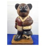 Vtg Wood Carved Soccer Bear Figurine