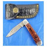 Damascus Folding Knife w/Belt Case, New