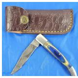 Damascus Folding Knife w/Belt Case, New