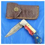TX Damascus Lockback Folding Knife w/Belt Case New