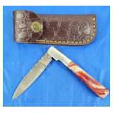 Damascus Folding Knife w/Belt Case, New