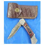 Damascus Lockback Folding Knife w/Belt Case, New