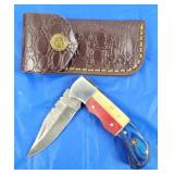TX Damascus Lockback Folding Knife w/Belt Case New