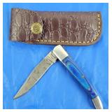Damascus Folding Knife w/Belt Case, New