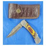 Damascus Lockback Folding Knife w/Belt Case, New