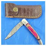 Damascus Folding Knife w/Belt Case, New