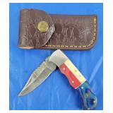 TX Damascus Lockback Folding Knife w/Belt Case New