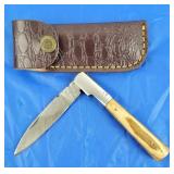 Damascus Folding Knife w/Belt Case, New