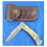 Damascus Lockback Folding Knife w/Belt Case, New