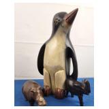 Wood Carved Penguin, Elephant & Rhino