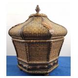 Vtg Wood Lidded Basket w/ Wicker Design