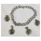 Silver Double Link Charm Bracelet w/ 4 Rose Charms
