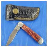 Damascus Folding Knife w/Belt Case, New