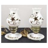 Milk Glass Hurricane Lamp w/ Tole Metal Flowers