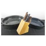 Knives in Wood Block & Enamelware Roasters