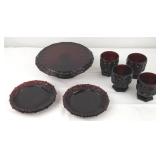 Ruby Red Glass Cake & Juice Service Set (9pcs)
