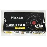 Monarch 9mm FMJ 115gr Brass Case Ammo, 50 Rounds