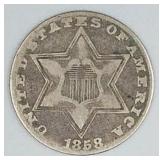 1858 Three Cent Silver - Three Outlines VF20