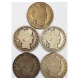 1904-P, 1905-S, 1906-P,-D Barber Half-Dollars (5)