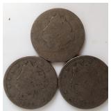 1884?, 1889, 1894 Mixed "V" Nickels (3)