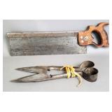 Vintage Primitive Sheep Shears & Hand Saw (2)