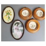 Antique Walnut & Tin Framed Lithographs + (5)