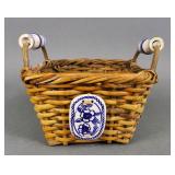 Wicker Basket w/Ceramic Blue and White Handles