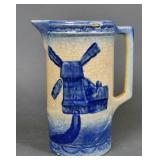 Salt Glaze Blue & White Stoneware Windmill Pitcher