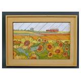 Vintage Wood Cut Folk Art Sunflowers