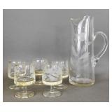 Clear Etched Glass Cocktail Pitcher and Glasses