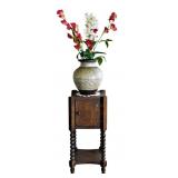 Antique Walnut Cabinet Table & Stoneware Vase