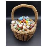Vintage Glass Marbles in Wood Basket