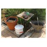 Yard Art- Birdbath, Enamel Pot, Sun Stake +