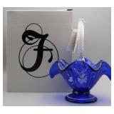 Fenton Art Glass Cobalt Handpainted Handled Basket
