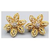 18K Gold & Diamond Flower Earrings, 13.402g