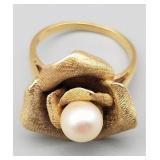 14K Gold Ring, Rose Blossom, Pearl, Size 7, 6.846g