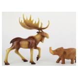 Wood Carved Moose & Elephant Figurines (2)