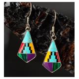 Sterling Inlay Multi Color Drop Earrings 2.44g