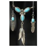 Sterling Feather & Turquoise Necklace Set, 9.85g