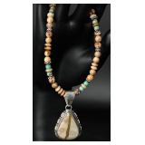 .925 Navajo Style Stone Necklace w/ Pendant, 16"