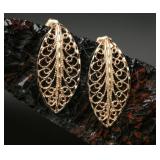14k Gold Filigree Leaf Shaped Earrings, 3.47g