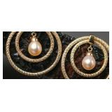 14k Gold Pearl Double Ring Earrings, 7.05g, 1 1/8"