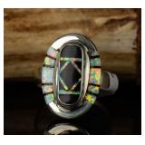 Sterling Silver Onyx & Opal Inlay Ring, 6.28g