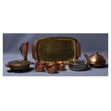 Vintage brass copper and teak tea pot & warmer set