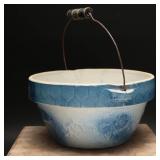 Blue & White Salt Glazed Yellowware Bowl W/Handle
