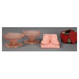Pink Lace Satin Depression Glass Candle Holders+