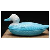 Fenton Baby Blue & White Slag Glass Duck Dish