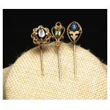 Vintage Gold Tone Stick Pins With Colored Stones
