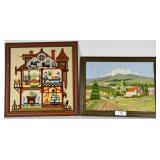 Crewel Farm Scene & Needlepoint Dollhouse Framed