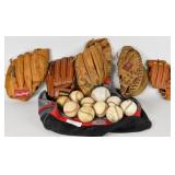 Baseball Gloves (5), Baseballs & Bag